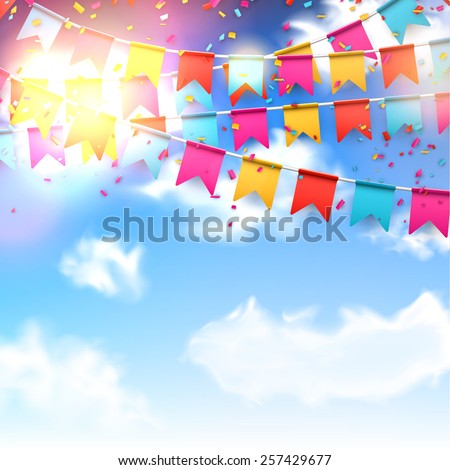 Celebrate banner. Party flags with confetti over blue sky. Vector illustration.  Royalty-Free Stock Photo #257429677