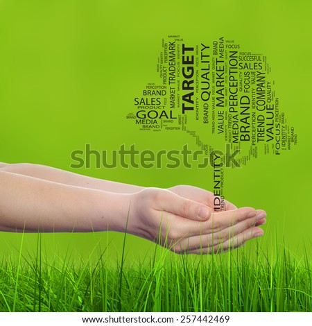 Concept conceptual tree word cloud tagcloud in man or woman hand green blur grass background metaphor to business, trend, media, focus, market, value, product, advertising, success sale or corporate