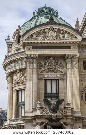 Architectural details of Opera National de Paris (Garnier Palace, 1875) - famous neo-baroque opera building in Paris, France. Opera - UNESCO World Heritage Site.