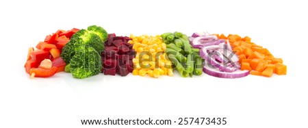 Colorful cut vegetables in a line with perspective isolated on white background Royalty-Free Stock Photo #257473435