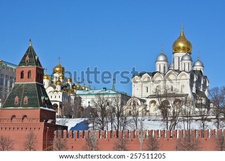 Sights of Moscow, photographed clear February morning. Golden domes of churches in the Moscow Kremlin.