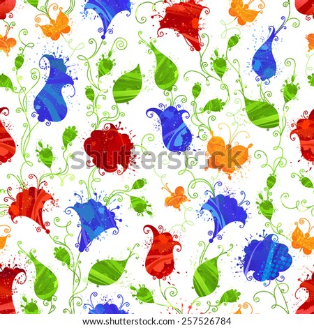 Light seamless watercolo?r pattern. Grunge textile or wallpaper floral pattern with bright red and blue flowers, yellow butterflies on white background. 