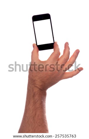 close-up phone in male hand on white background studio