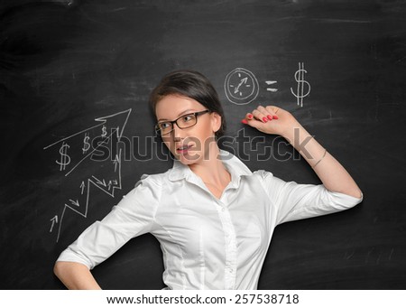 Beautiful girl posing near the blackboard with some images on it