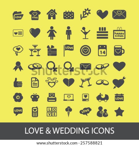 love, wedding, romance, family isolated icons, signs, silhouettes, illustrations,  set, vector
