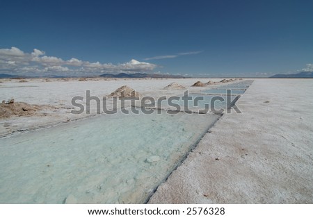 Picture showing a salt lake landscape, called Salinas Grande, near Argentina. This is where salt is exploited