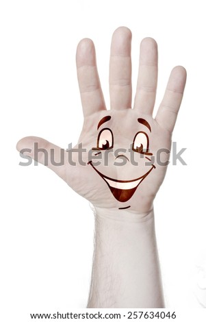 Man's hand with an open palm with a pattern of emotional faces