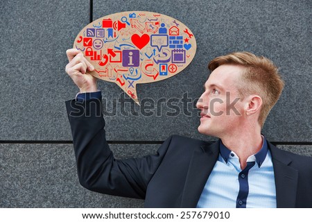 Young woman with communication tag cloud in speech bubble