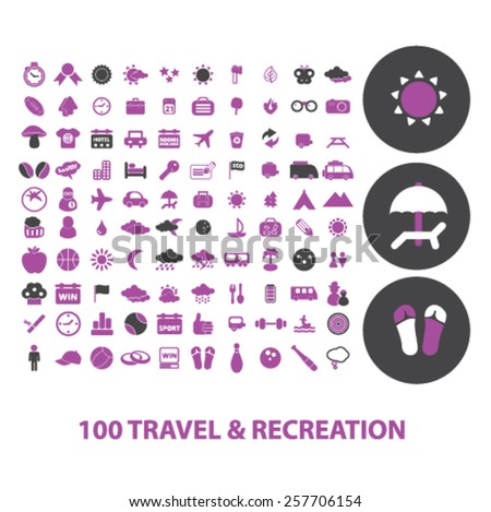 100 travel, recreation, tourism, beach isolated icons, signs, illustrations concept design set on background for mobile application, website, adverisement, vector