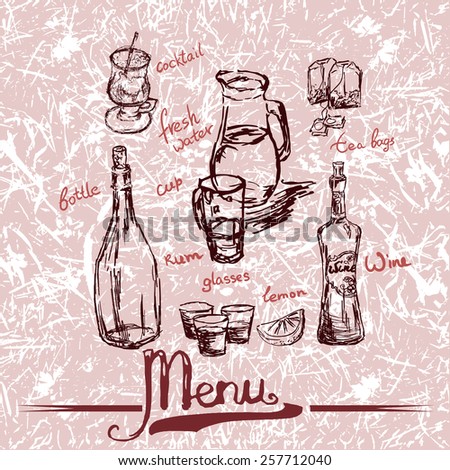 Strong alcoholic drink. Beverage sketch set with hand written names: fresh water, rum bottle, wine glass, tea bags, cup and lemon. Vector illustration.