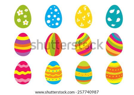 Set of twelve color bright Easter eggs.