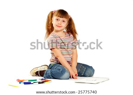 The girl draws on a white background