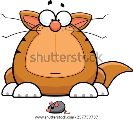 Cartoon illustration of a funny cat staring at a toy mouse. 