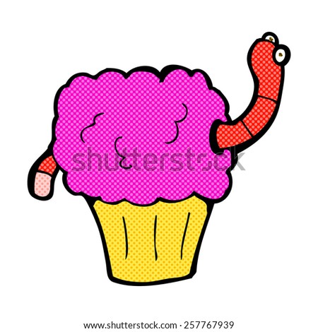 retro comic book style cartoon worm in cupcake