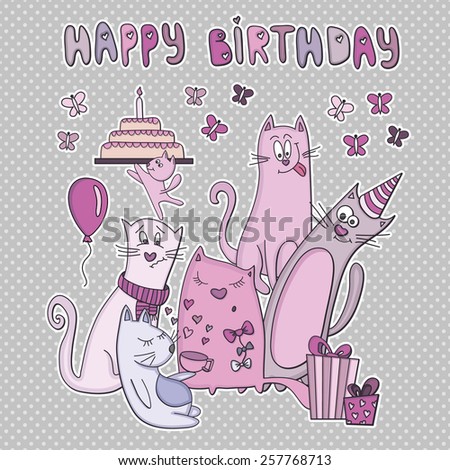 Vector birthday card with funny cats. 