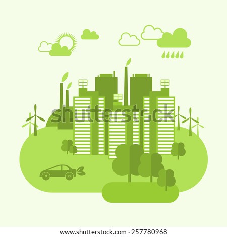 Green eco town concept with buildings and environment ecosystem vector illustration
