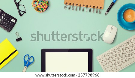 Website header hero image design with tablet and office items Royalty-Free Stock Photo #257798968