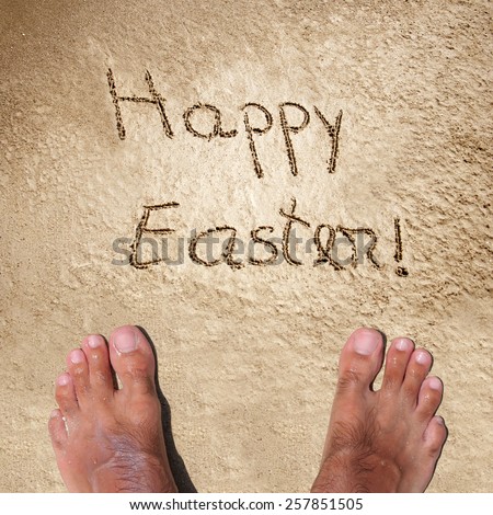 Concept or conceptual hand made handwritten text in sand on beach in exotic island as metaphor to holiday, Easter, happy, greeting, spring, celebration, travel, vacation, season, tropical or tradition