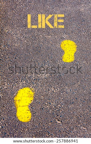 Yellow footsteps on sidewalk towards Like message.Conceptual image