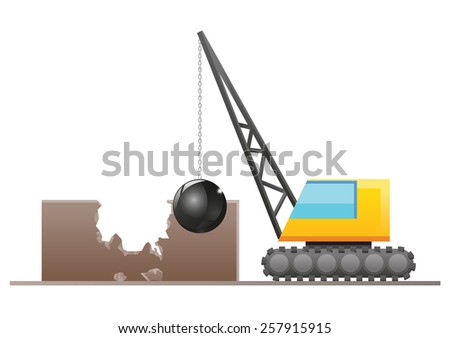 Crane with wrecking ball destroying a building structure