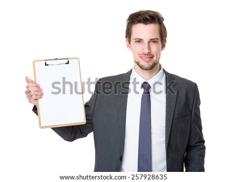 Caucasian businessman show with clipboard