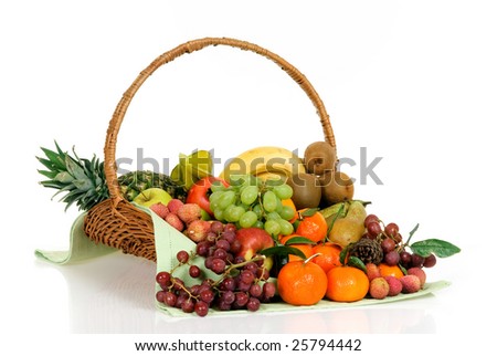 Seasonal varied tropical fruit basket.  Studio, white background.