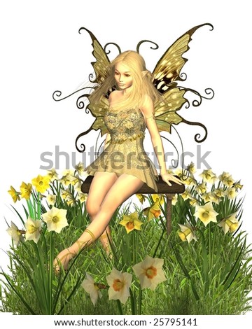 Daffodil Fairy, pretty blonde fairy sitting on a bench surrounded by yellow spring daffodils, 3d digitally rendered illustration