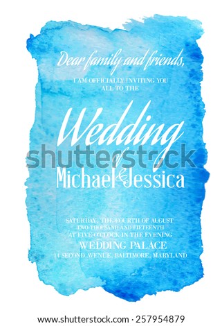 Wedding invitation card with blue watercolor blot on backdrop. Vector illustration. Royalty-Free Stock Photo #257954879