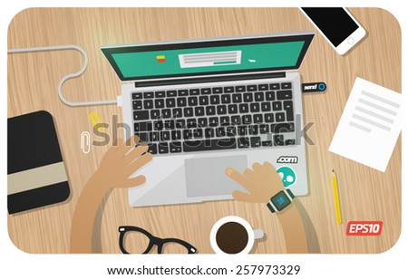 Flat vector workplace with modern laptop on wood table