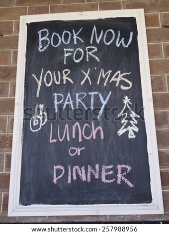 Xmas lunch or dinner sign at the entrance to a hotel.