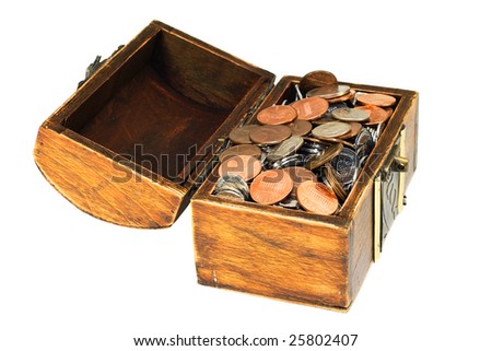 ancient wooden treasure chest full of coins isolated on white