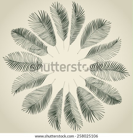 Hand drawn gray background of tropical palm leaves. Vector background.