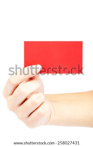 Female hand with red card isolated on white background.