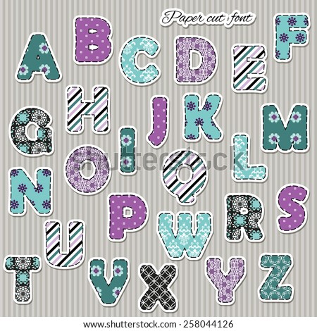 Cute textile font in bright violet and blue colors. Patchwork style. Different patterns included under clipping mask.