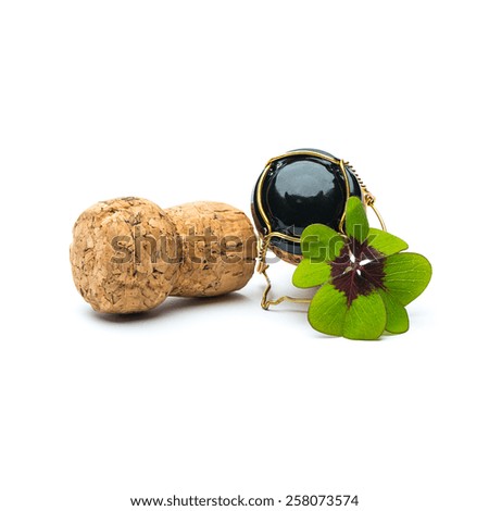 champagne corks with Lucky Clover on white background