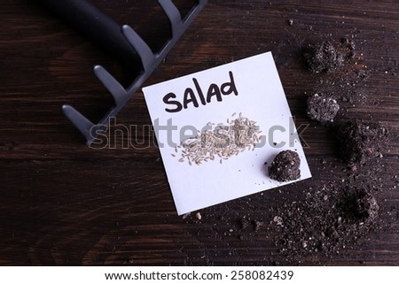 Salad seeds on piece of paper with ground and rake on wooden background
