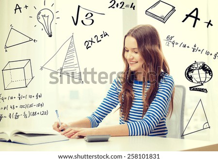 education, technology and home concept - smiling student girl with book, notebook and calculator