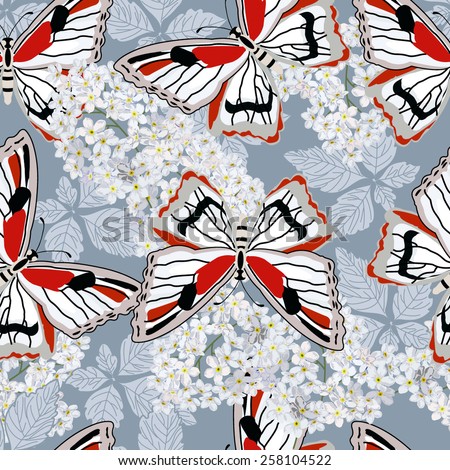 Seamless pattern for textile, wrapping paper and background. Butterflies and tender lilac blossoms on a grey background.
