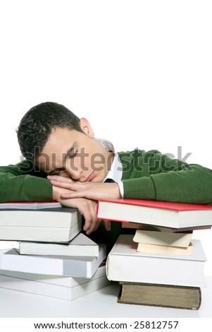 boy student sleeping over stack books over desk, green shirt and tie