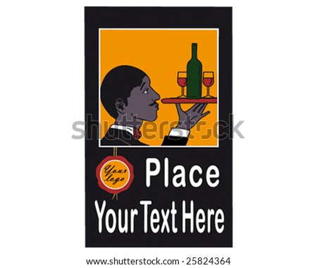 A waiter carrying a red wine bottle and two glasses on a tray. Early 20th century style advertisement poster.