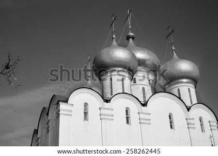 Novodevichy convent in Moscow. Popular touristic landmark. UNESCO World Heritage Site. Black and white photo.
