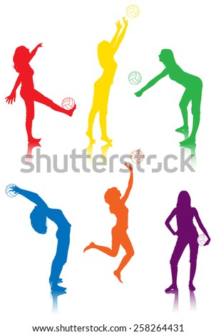 Vector illustration of girl's silhouettes in volleyball poses.