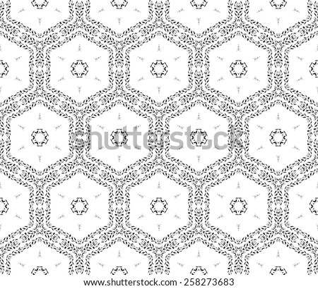 Seamless turkish geometric pattern with monochrome small flowers, leaves and hexagons.