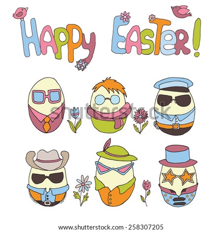 Hand-drawn art with cute easter eggs, flowers and birds on isolated background
