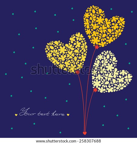 Greeting Card. Bouquet of Flowers in a heart-shaped, built of small flowers on a background with dots and place for text.