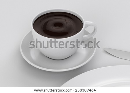 table setting, clean plate, next to a cup of coffee