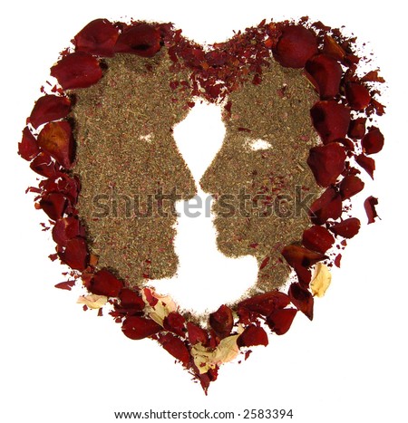 silhouette of couple made out of dry flowers in shape of heart