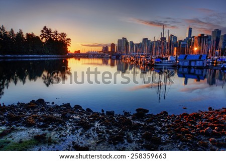 Downtown Vancouver marina at sunset