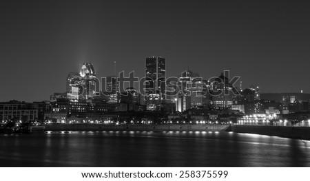 Skyline of Downtown Montreal at night view from Pierre-Dupuy Sreet B/W picture.