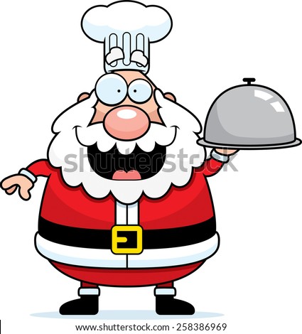A cartoon illustration of a Santa Claus chef with a serving tray.